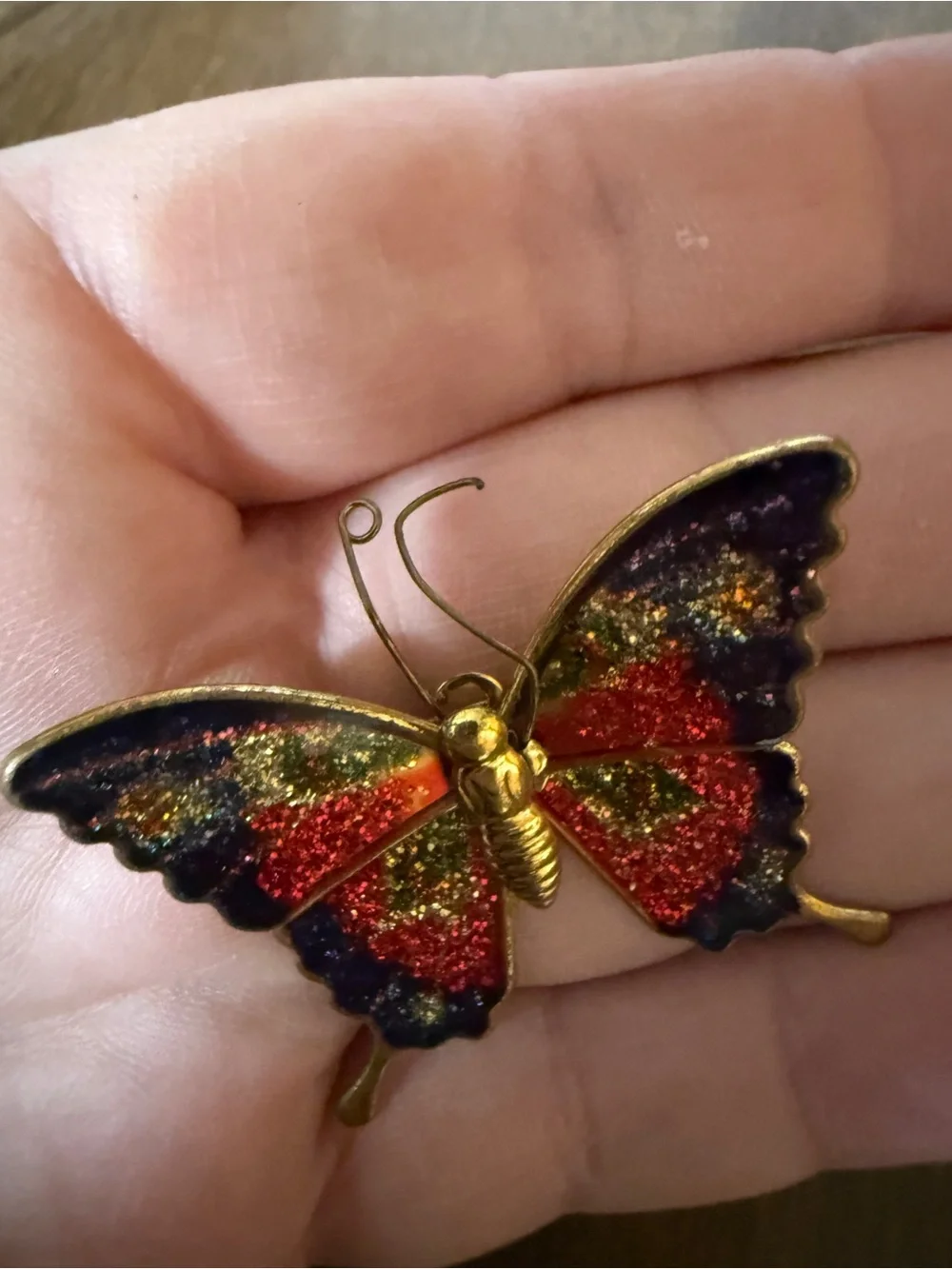 Enamel Butterfly Brooch Pin Colorful Multicolor Glitter Gold Tone
